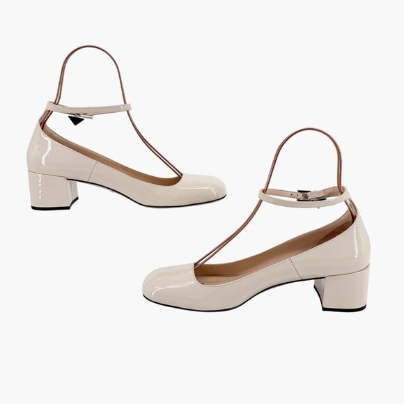 Prada Decolette Triangle Logo Mary Jane Pumps Size 40 US 10 Beige White Low Heel - Picture 11 of 14